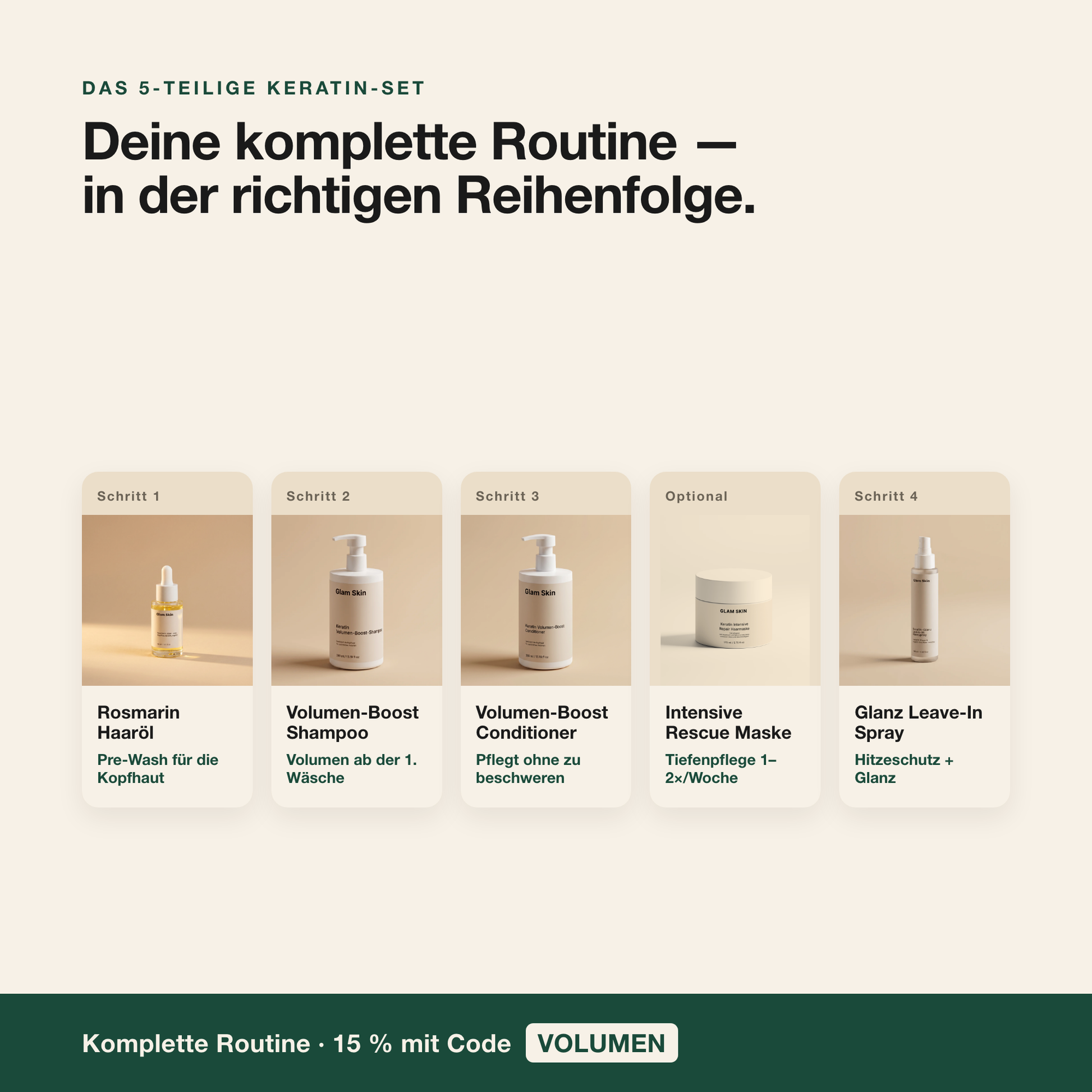Volumen-Set Vorteile: 15% Ersparnis mit Code VOLUMEN, gratis Versand, ECOCERT-zertifizierte Bio-Wirkstoffe und 30 Tage Geld-zurück-Garantie