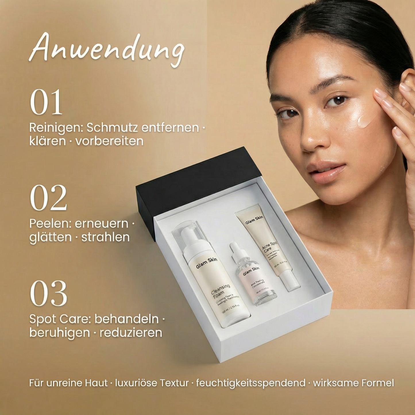Pflegeset für unreine Haut von Glam Skin, inklusive Reinigung und Pflegeprodukte, in einer weißen Box.