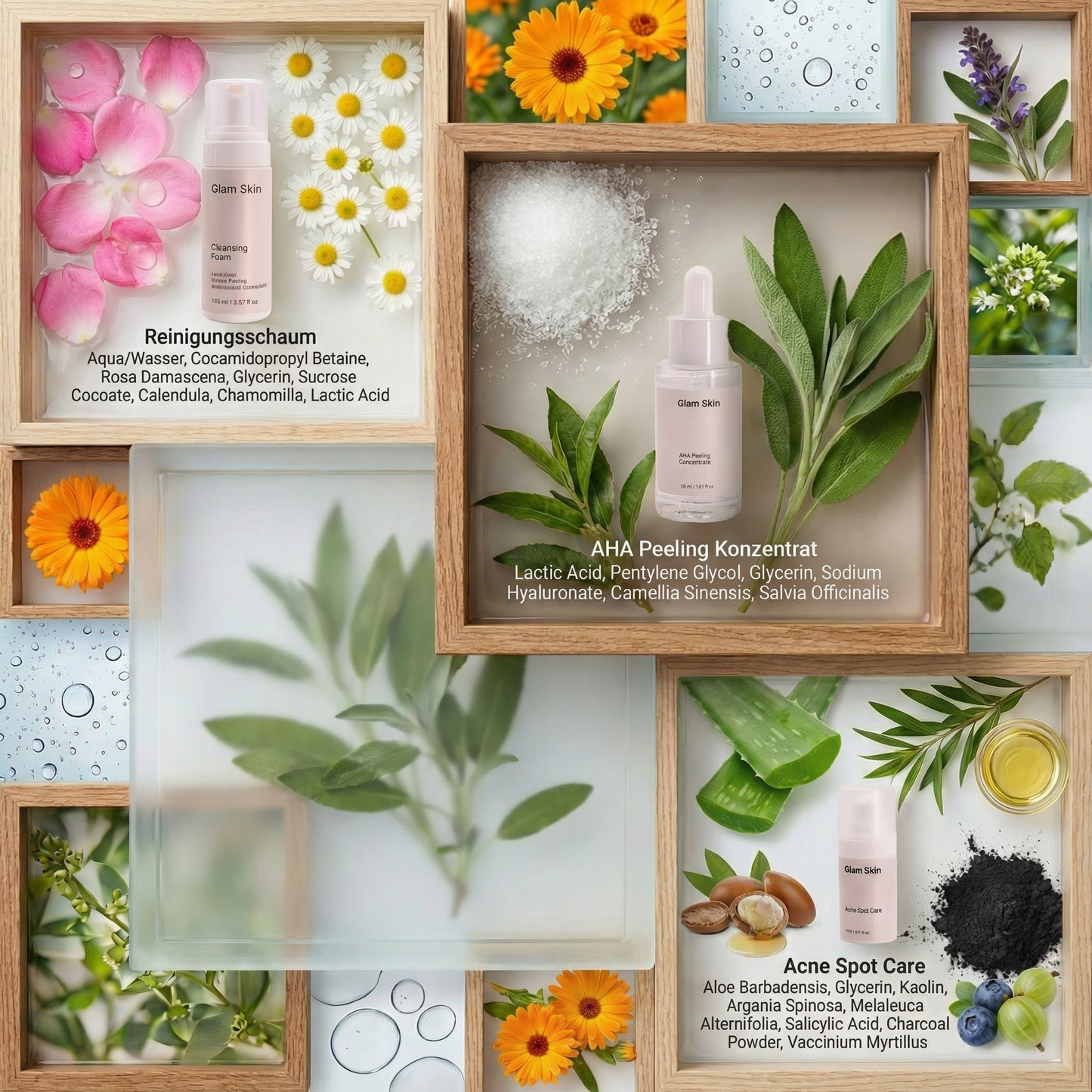 Pflegeset für unreine Haut von Glam Skin, inklusive Reinigungsprodukte und Feuchtigkeitscreme, auf weißem Hintergrund.