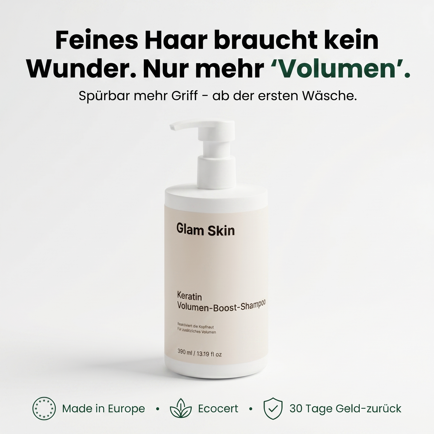 Glam Skin Keratin Volumen Boost Shampoo Flasche 390 ml auf weißem Hintergrund — Made in Europe, Ecocert, 30 Tage Geld-zurück
