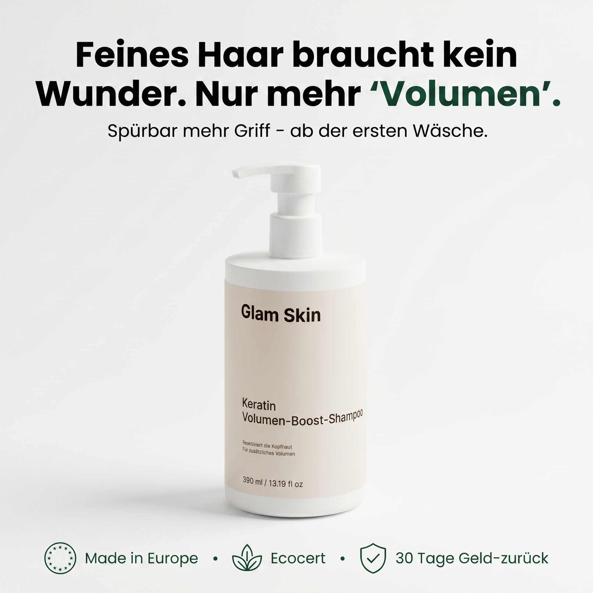 Glam Skin Keratin Volumen Boost Shampoo Flasche 390 ml auf weißem Hintergrund — Made in Europe, Ecocert, 30 Tage Geld-zurück