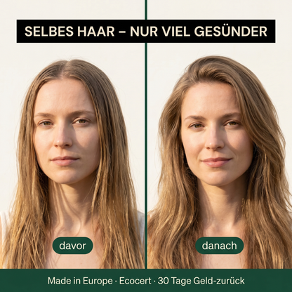 Vorher-Nachher-Vergleich feines Haar: sichtbar mehr Volumen am Ansatz nach Anwendung Keratin Volumen Boost Shampoo
