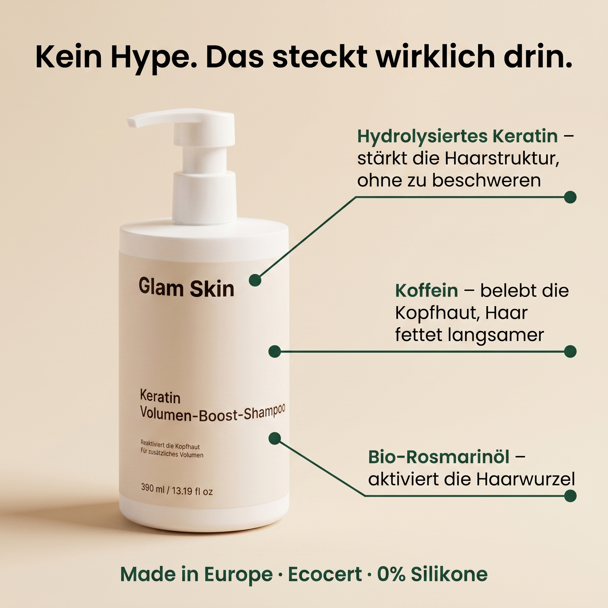 Wirkstoffe Keratin Volumen Boost Shampoo: hydrolysiertes Keratin, Koffein und Bio-Rosmarinöl mit 0 % Silikonen