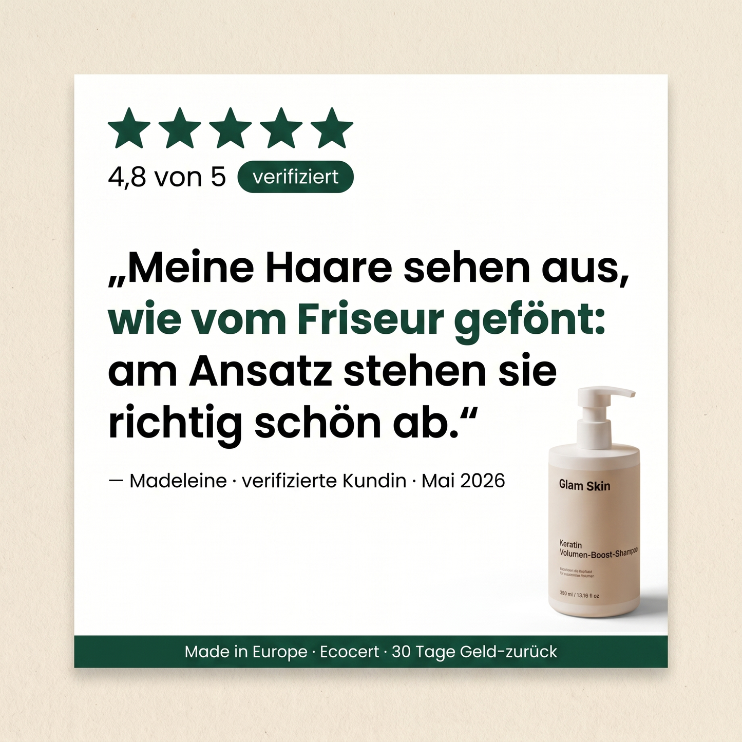 4,8 Sterne verifizierte Kundenbewertung Keratin Shampoo: Haar sieht aus wie vom Friseur gefönt