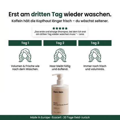 Tag 1, Tag 2, Tag 3 frisches Haar — Koffein im Keratin Shampoo hält die Kopfhaut länger frisch, du wäschst seltener
