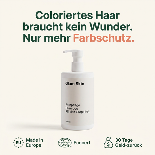 Glam Skin Farbpflege Shampoo Pfirsich Grapefruit 390 ml auf cremefarbenem Hintergrund — Made in Europe, Ecocert, 30 Tage Geld-zurück