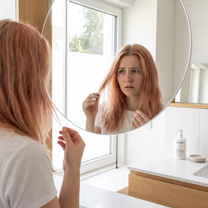 Frau im Bad betrachtet besorgt ihr verblasstes, ausgewaschenes coloriertes Haar — typisches Problem, das das Farbpflege Shampoo löst