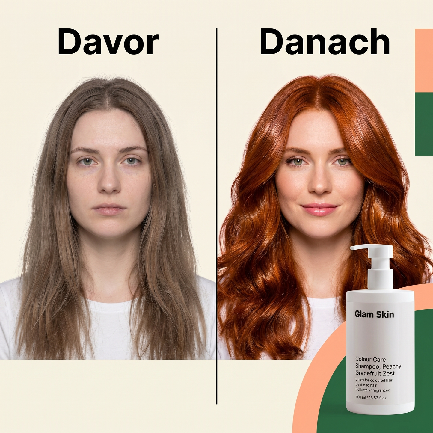 Vorher-Nachher-Vergleich coloriertes Haar: links stumpf und ausgeblichen, rechts leuchtend intensiv farbig nach Anwendung Farbpflege Shampoo