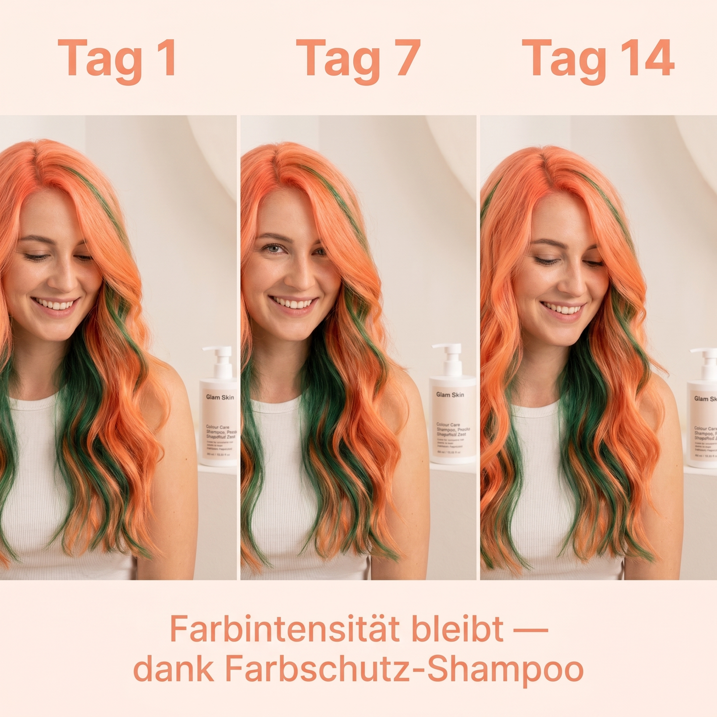 Tag 1, Tag 7, Tag 14 — Farbintensität bleibt leuchtend und satt dank Farbschutz-Shampoo, kein vorzeitiges Ausbleichen